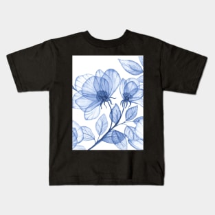 Blue transparent roses watercolor print. Porcelain floral motif. Translucent delicate floral composition Kids T-Shirt